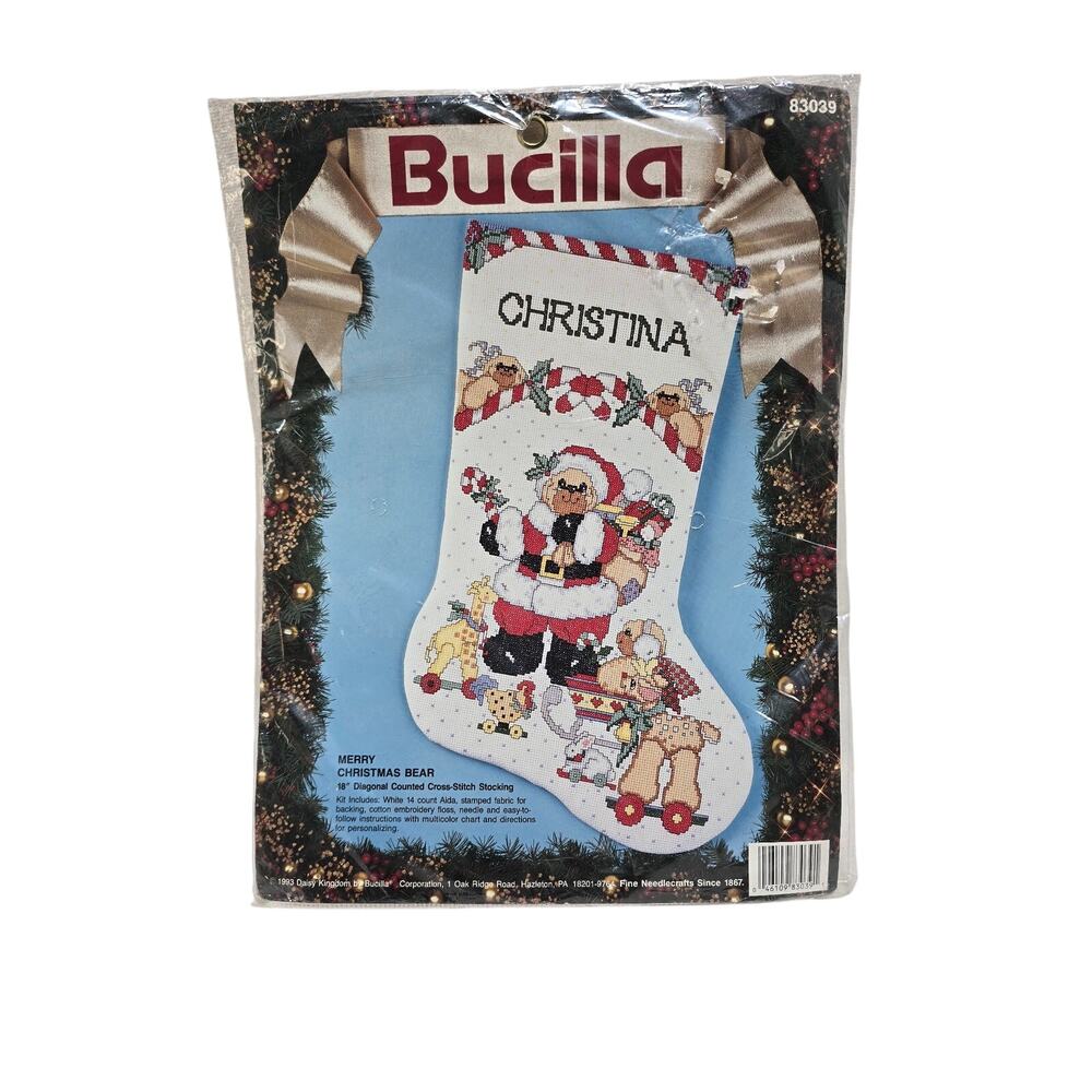 Vtg Bucilla Merry Christmas Bear 18" Diagonal Counted-Cross Stocking Kit 83039